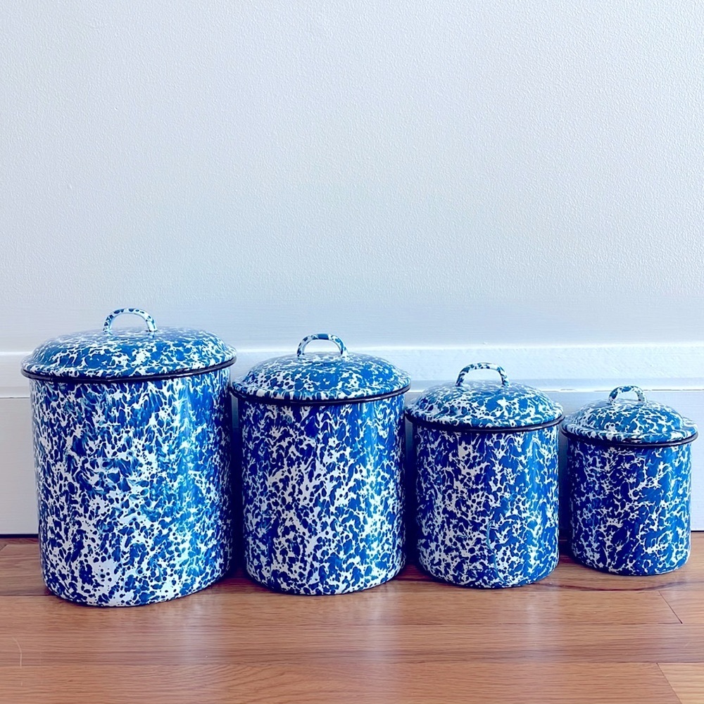 Vintage Blue & White Splatter Enamel Ware Canister Set